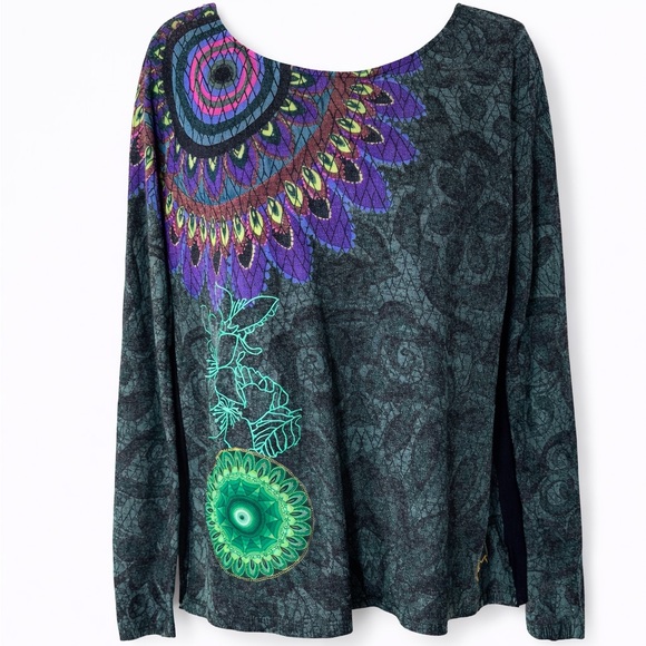 Desigual Swing Top Small Boho Mandala Print Hi-Low Leopard Layered Back Sweater - Picture 2 of 7